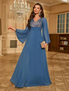 Sequined Chiffon Formal Evening Dress - Dusty Blue - View 5