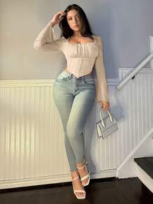 Firerie Elegant And Versatile Puff Sleeve T-Shirt With Shiny Gauze And Square Collar For Dating And Vacations