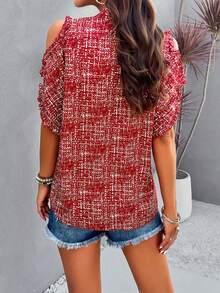 2024 Spring/Summer Stylish Casual Off-The-Shoulder Top With Notched Collar - Burgundy - View 2