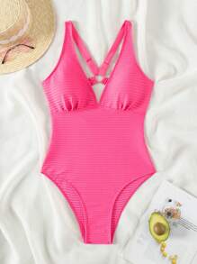 SHEIN Swim 女士简约粉色连体泳衣 - 玫紅色 - 查看 3