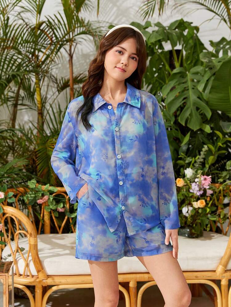 Teen Girls' Tie-Dye Single-Breasted Shirt, Camisole, Vest And Shorts 3pcs/Set