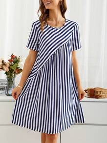 EMERY ROSE Women's Round Neck Short Sleeve Striped Dress