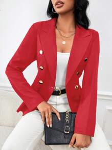 Chiquease Women's Double Breasted Solid Color Suit Jacket For New Year Clothes - Red - View 4