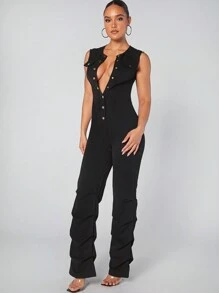 Hauture Casual Solid Button Front Pleated Hem Jumpsuit - Black - View 4