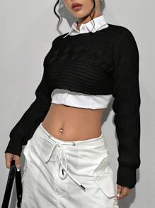 SHEIN Unity Women's Chunky Knit Cropped Sweater, Knit Pullover Fall Winter - Black - View 6