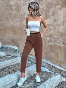 EURMUSE High Waist Fold Pleated Suit Pants - Brown - View 5