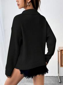 SHEIN Unity Của phụ nữ Màu thuần Dây kéo nửa Cái cổ Giải trí Áo len - màu đen - Xem 2