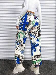 SHEIN Unity Giải trí In Vẽ bậy Quần Chạy bộ - Màu xanh lam - Xem 2