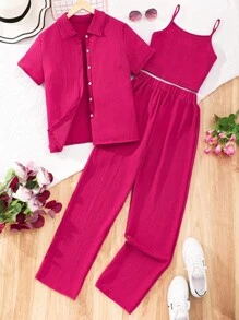 Conjunto De Traje De Juego De Camiseta De Manga Corta De Color Sólido Para Chica Adolescente, Camiseta Sin Mangas Y Pantalones De Cintura Elástica - Gris - Ver 1