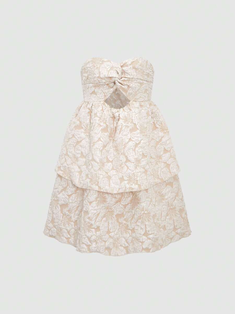SHEIN Unity Twist Detail Cut Out Jacquard Strapless Dress - Apricot - View 1