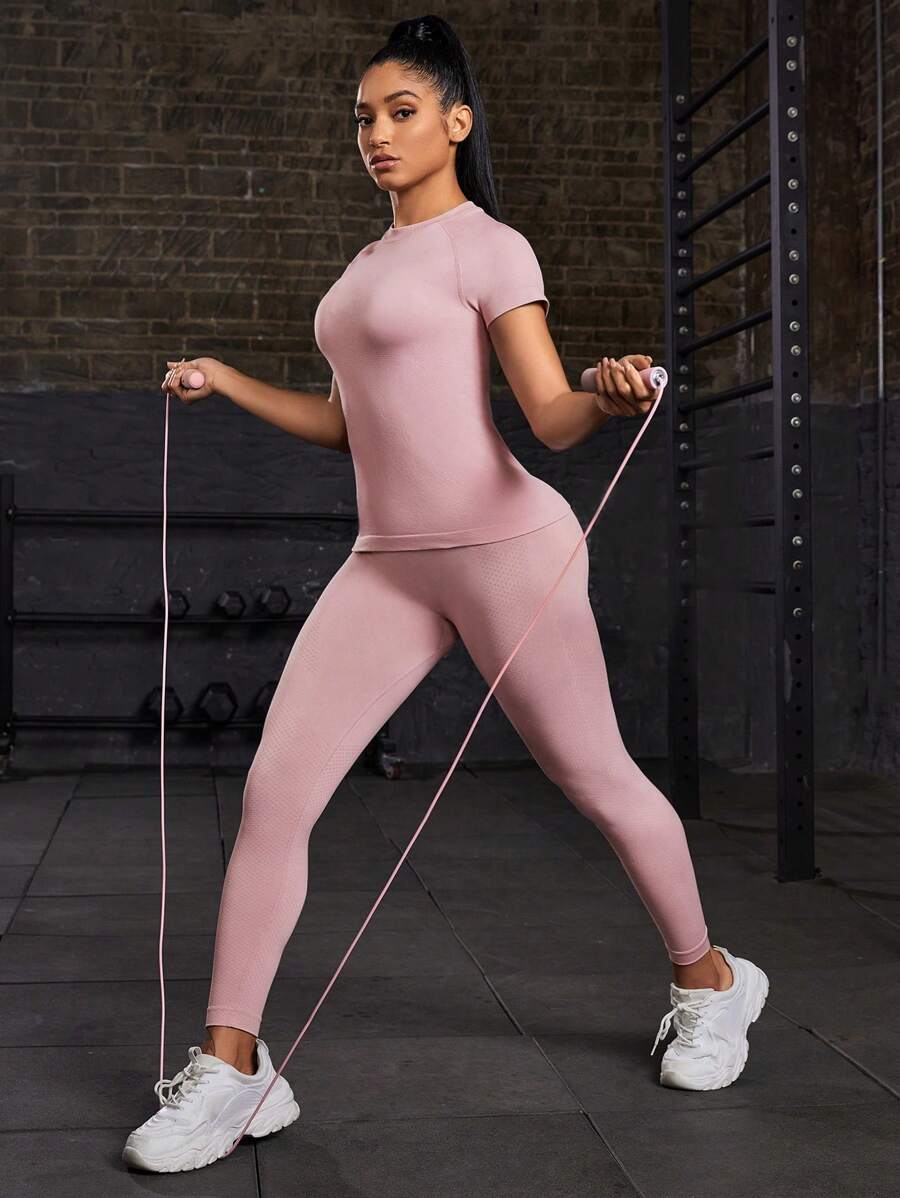 Easithlete Women's Raglan Short & Tight-Fitted Sports Set Workout Set Outfit Set Workout Women Set - Dusty Pink - View 1