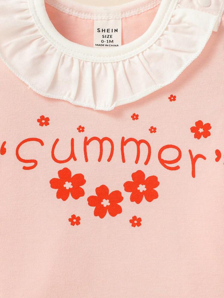 Newborn Baby Girl One-Month Gift Set With Ruffle Collar & Floral Print Short Sleeve Bodysuit& Pants, Multiple Pieces Cute Casual Comfortable Daily Outfits For Spring And Summer