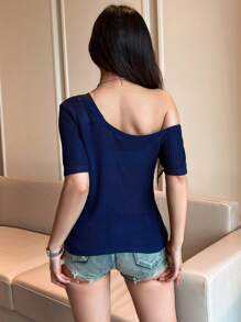 SHEIN Unity Women's Asymmetric Neckline Solid Color Cardigan - Navy Blue - View 2