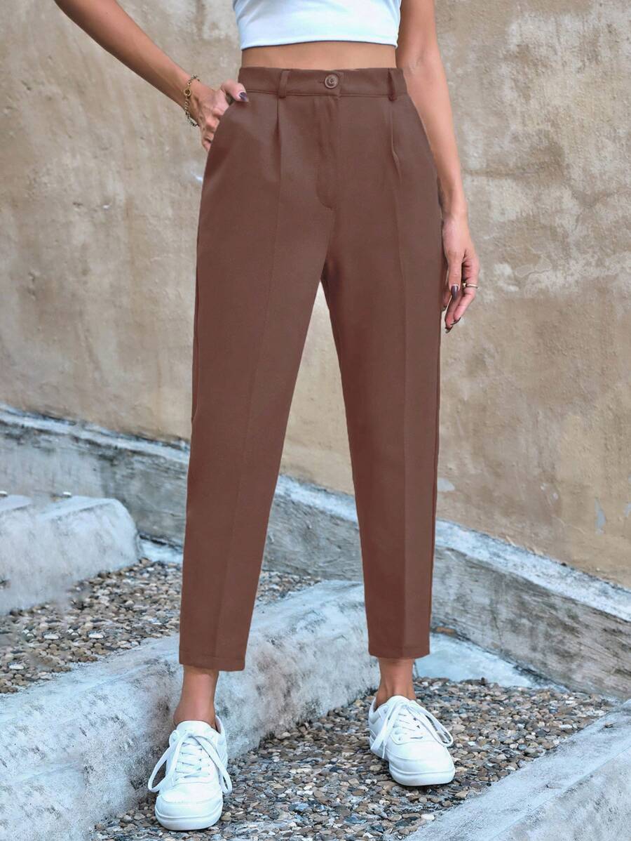 EURMUSE High Waist Fold Pleated Suit Pants - Brown - View 1