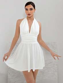 Aloruh Backless Halter Neckline A-Line Dress With Pleated Hem & Cinched Waist - White - View 3