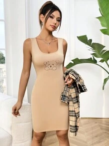 SHEIN Unity 女士卡通熊圖案背心裙和格紋長袖襯衫2入組 - 卡其色 - 查看 3