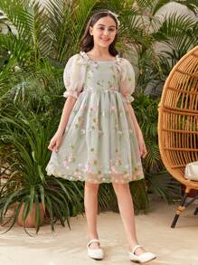 SHEIN Tween meisje Geborduurde bloemen Bubbel Mouw Jurken