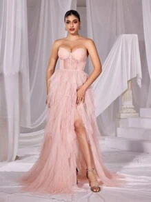 Faeriesty 女士优雅无肩带及地正式礼服，饰有蕾丝细节和多层精致薄纱裙摆——是婚礼、正式晚宴、派对、庆典和夏季度假的理想之选。 - 藕粉色 - 查看 8