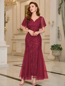 亮片蕾丝心形领口荷叶袖晚宴长裙，适合返校节、婚礼宾客、生日、正式场合、毕业典礼、情人节等场合。 - 紅色 - 查看 6