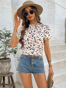 Chiquease All Over Print Puff Sleeve Blouse - Apricot - View 3