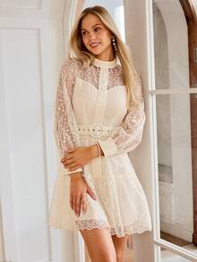 Simplee Women's Embroidered Mesh Dress - Apricot - View 3