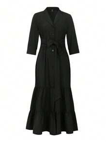 SHEIN Clasi Của phụ nữ Xù Hoa Sen Váy sơ mi - màu đen - Xem 3