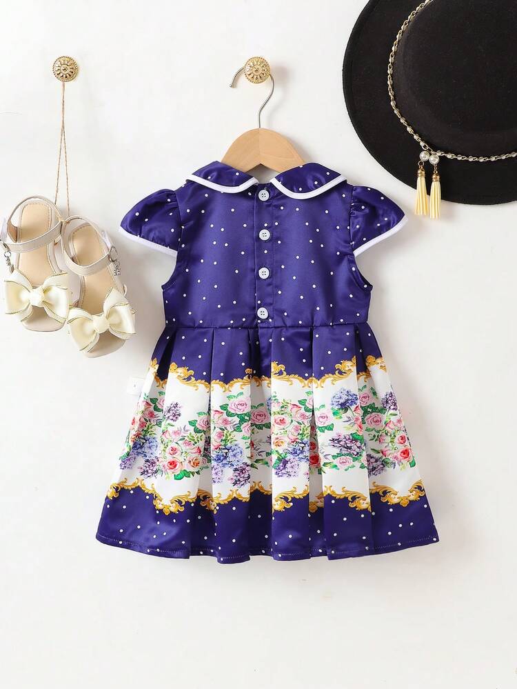 Baby Girl Polka Dot & Flower Printed Dress With Peter Pan Collar And Bubble Sleeves