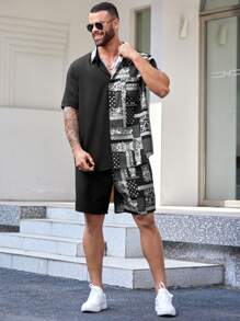 Manfinity Homme 2 cái/bộ Kích thước lớn Nam Dệt Giải trí Áo sơ mi Với In Khăn lụa - Đen và trắng - Xem 3