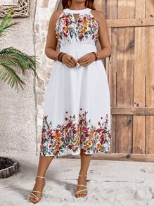 SHEIN LUNE Plus Size Sleeveless Floral Print Dress With Keyhole Neckline - White - View 5