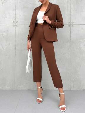 RueChic 2-teiliges Set Damen Feste Farbe Freizeitanzug Jacke Und Hose