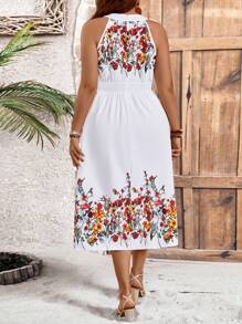 SHEIN LUNE Plus Size Sleeveless Floral Print Dress With Keyhole Neckline - White - View 2