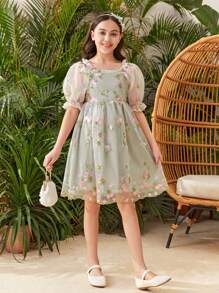 SHEIN Tween meisje Geborduurde bloemen Bubbel Mouw Jurken