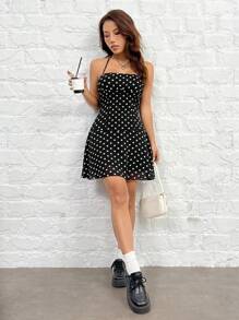 SHEIN EZwear Ladies' Black Polka Dot Halter Neck Dress