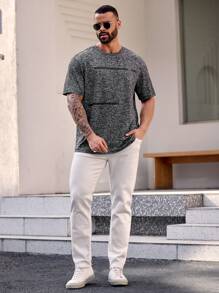 EASEVO Men Plus Size Casual Plain Casual Round Neck Short Sleeve T-Shirt, For Going Out, Summer - Dark Grey - View 3
