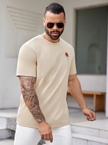 Manfinity Homme 印有玫瑰圖案針織短袖休閒t恤,適合大尺碼 - 黃色 - 查看 3