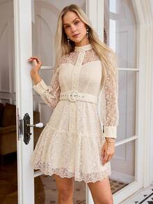 Simplee Women's Embroidered Mesh Dress - Apricot - View 6