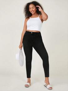 SHEIN EZwear Plus Size Women's Slim Fit Cropped Jeans - Black - View 5