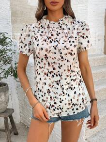 Chiquease All Over Print Puff Sleeve Blouse - Apricot - View 6