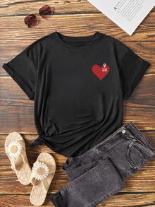 INAWLY Women's Letter & Heart Printed T-Shirt - Black - View 3