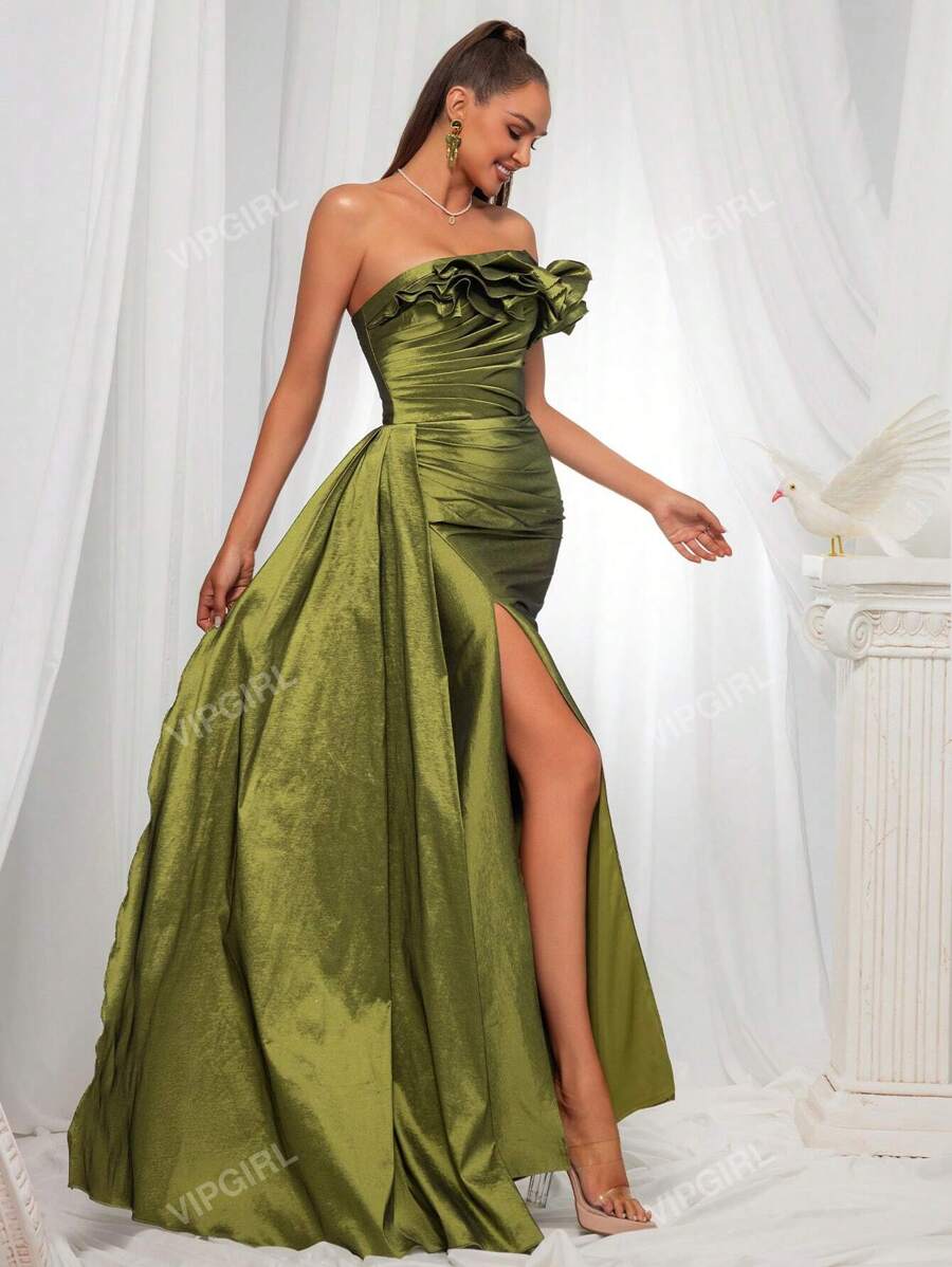 Vestido Largo De Noche Con Volantes Y Abertura - Talla Grande Para Bodas, Eventos