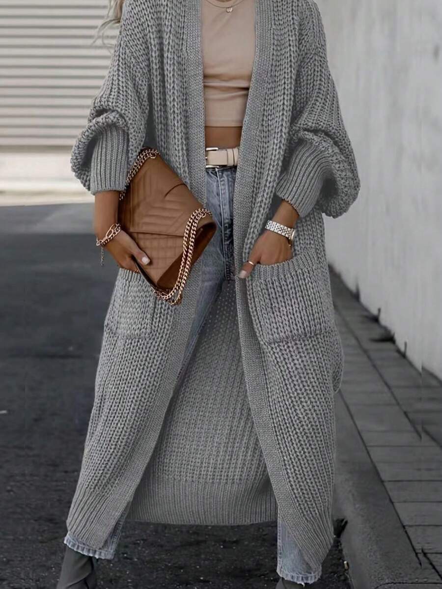 Women's Chunky Knit Long Cardigan For Autumn And Winter,Long Sleeve Tops - Grey - View 1