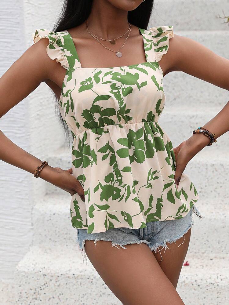 Women's Plant Printed Ruffle Strap Shirt Peplum Top