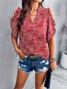 2024 Spring/Summer Stylish Casual Off-The-Shoulder Top With Notched Collar - Burgundy - View 5