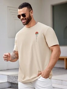 Manfinity Homme 印有玫瑰圖案針織短袖休閒t恤,適合大尺碼 - 黃色 - 查看 5