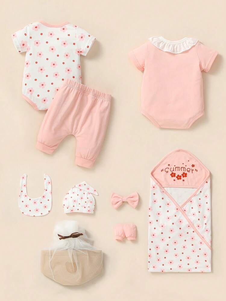 Newborn Baby Girl One-Month Gift Set With Ruffle Collar & Floral Print Short Sleeve Bodysuit& Pants, Multiple Pieces Cute Casual Comfortable Daily Outfits For Spring And Summer