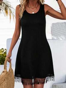 SHEIN LUNE Vestido Femenino Con Cuello Redondo, Botones En La Espalda Y Doble Botonadura - Negro - Ver 4