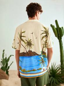 Manfinity BRENVOR 宽松男士椰子树提花休闲短袖衬衫，适合男朋友礼物，适合度假，海滩 - 彩色 - 查看 2