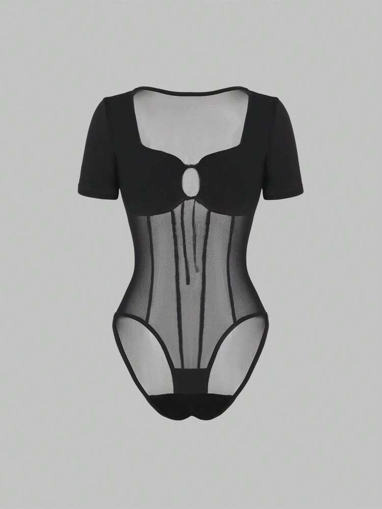 Mesh Contrast Hollow Out Bodysuit