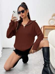 SHEIN Unity Của phụ nữ Màu thuần Giải trí Áo len - màu nâu - Xem 4
