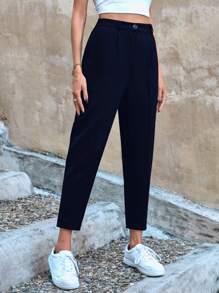EURMUSE Solid Fold Ruched Suit Pants - Navy Blue - View 3